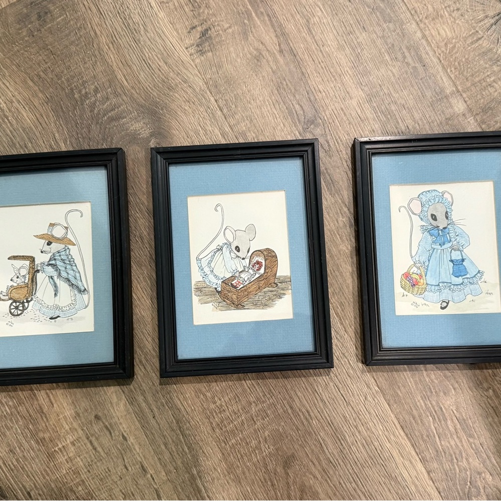 Set of Three Framed Mouse Illustrations